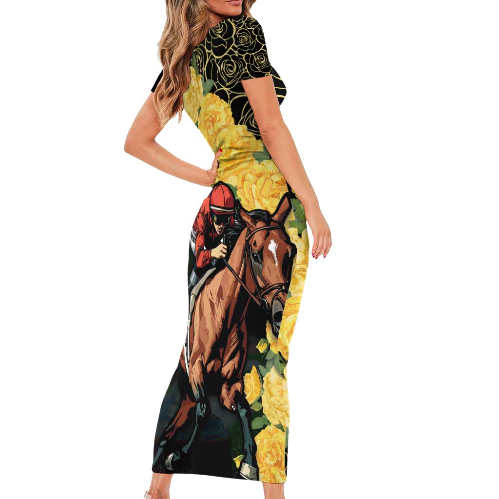Melbourne Horse Racing Short Sleeve Bodycon Dress Yellow Roses - Ready Set Gallop! LT14
