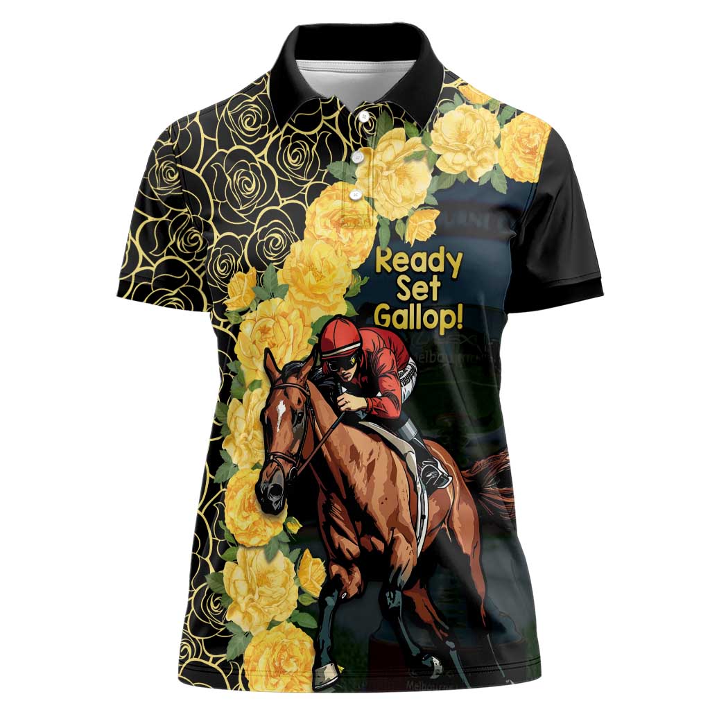 Melbourne Horse Racing Women Polo Shirt Yellow Roses - Ready Set Gallop! LT14