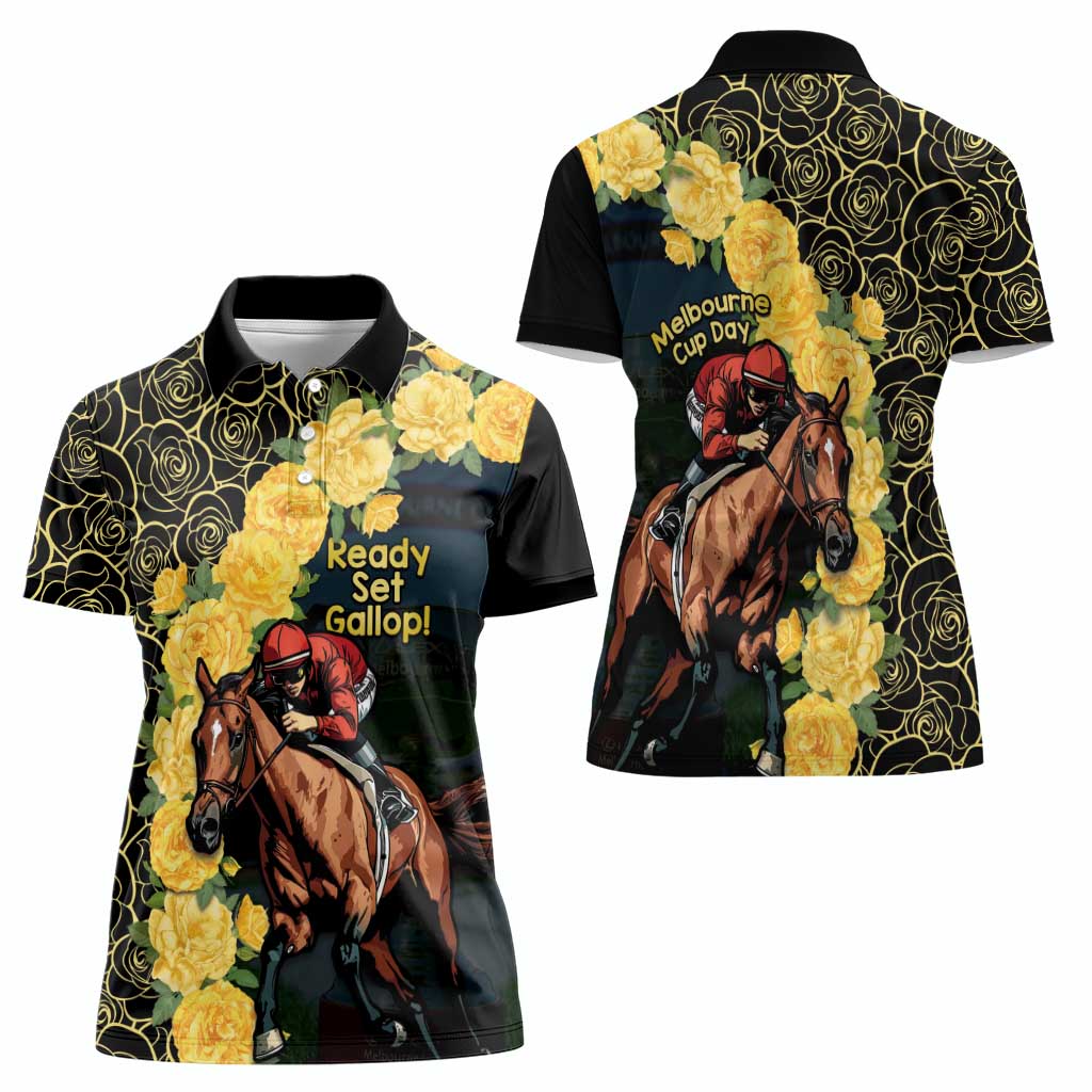 Melbourne Horse Racing Women Polo Shirt Yellow Roses - Ready Set Gallop! LT14