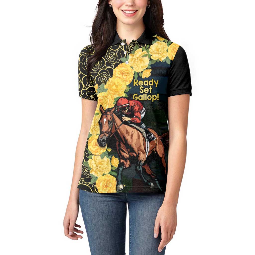 Melbourne Horse Racing Women Polo Shirt Yellow Roses - Ready Set Gallop! LT14