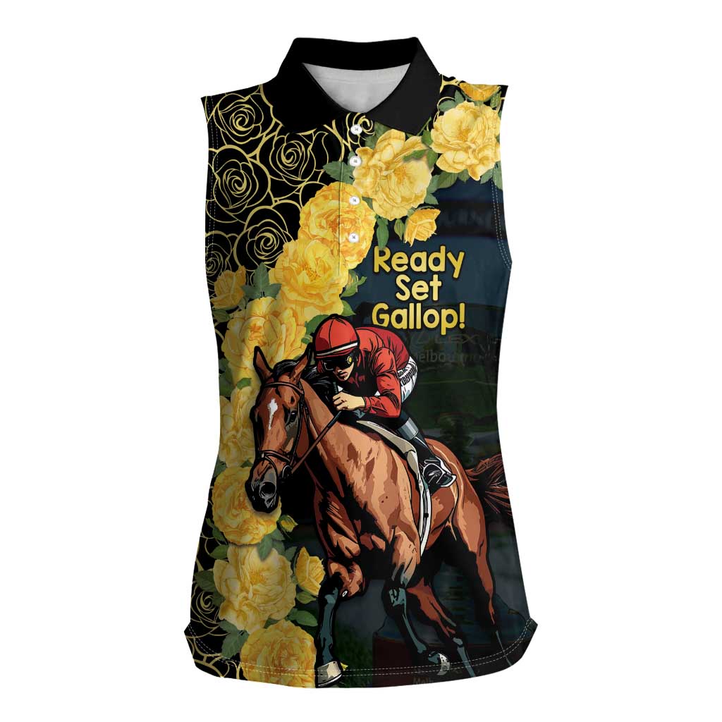 Melbourne Horse Racing Women Sleeveless Polo Shirt Yellow Roses - Ready Set Gallop! LT14