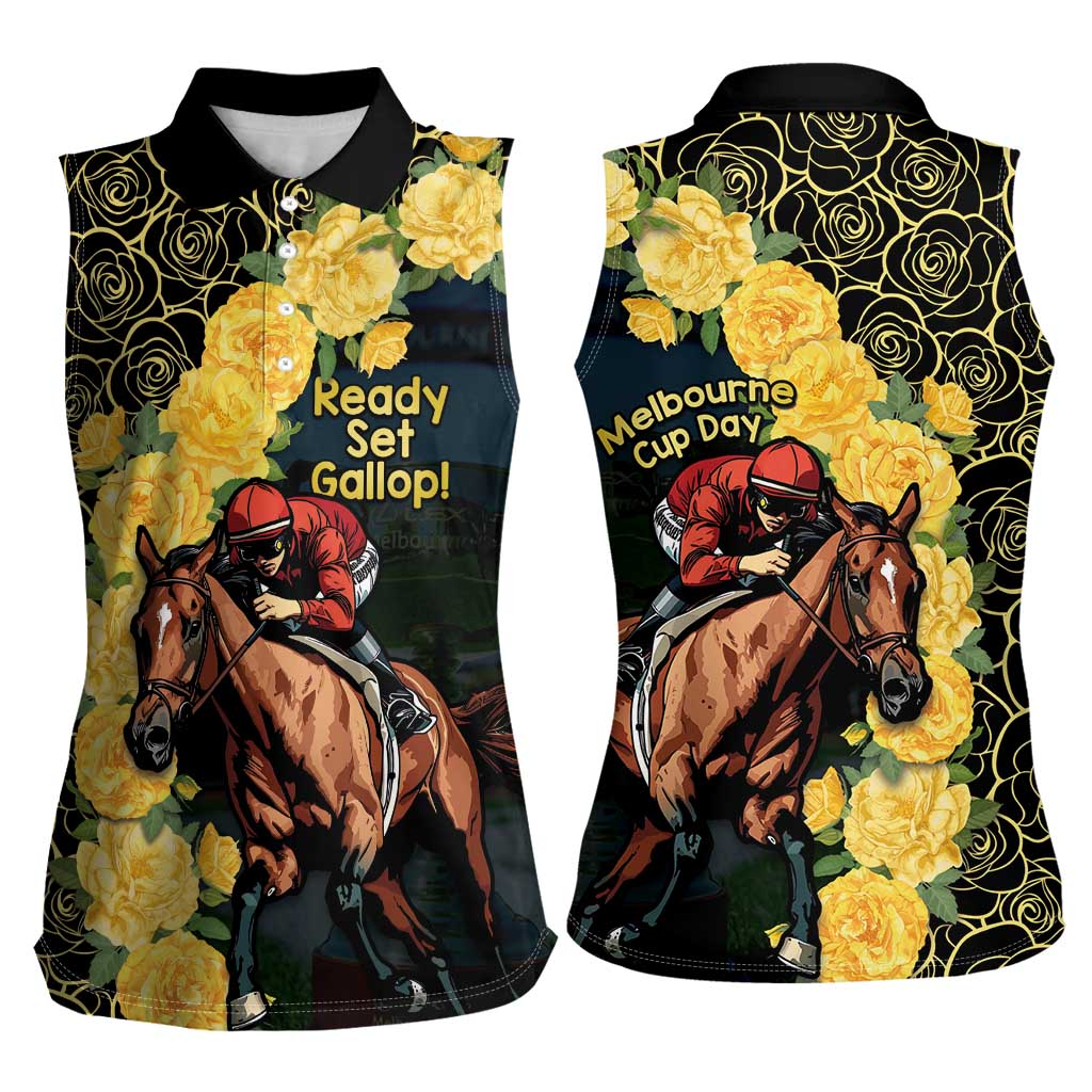Melbourne Horse Racing Women Sleeveless Polo Shirt Yellow Roses - Ready Set Gallop! LT14