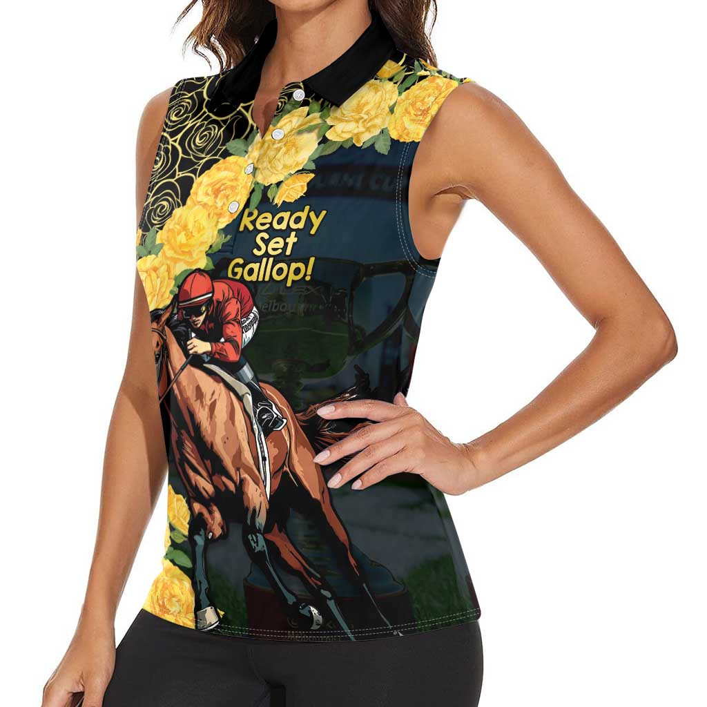 Melbourne Horse Racing Women Sleeveless Polo Shirt Yellow Roses - Ready Set Gallop! LT14