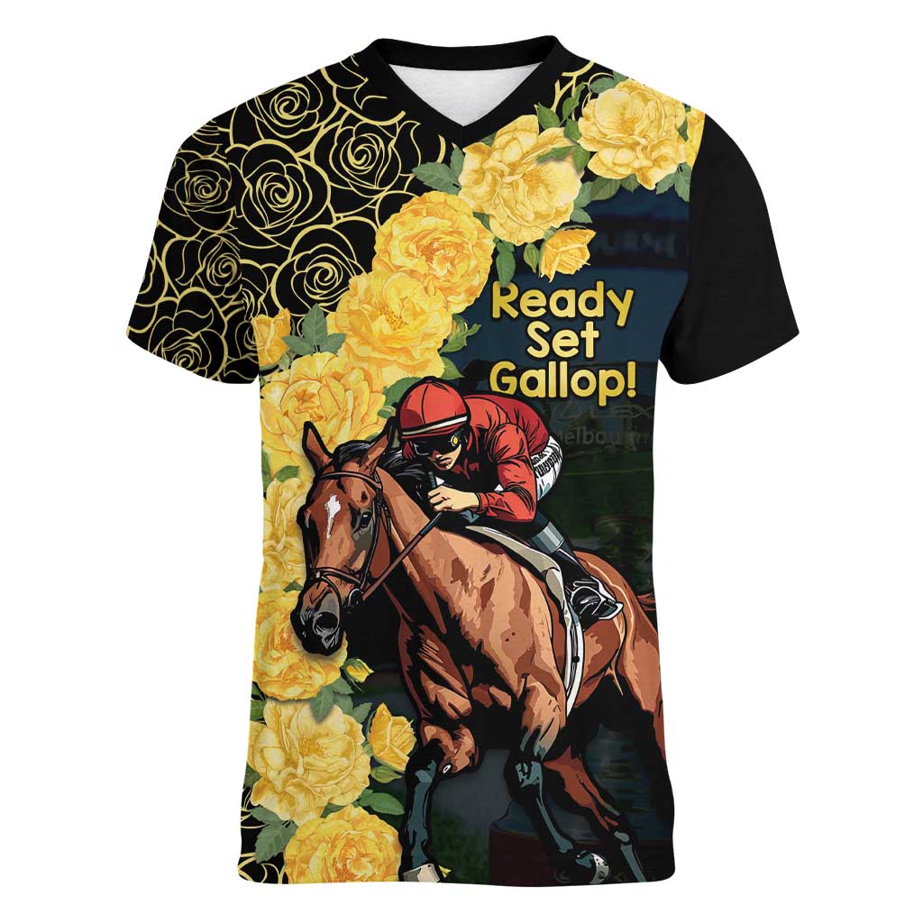 Melbourne Horse Racing Women V-Neck T-Shirt Yellow Roses - Ready Set Gallop! LT14