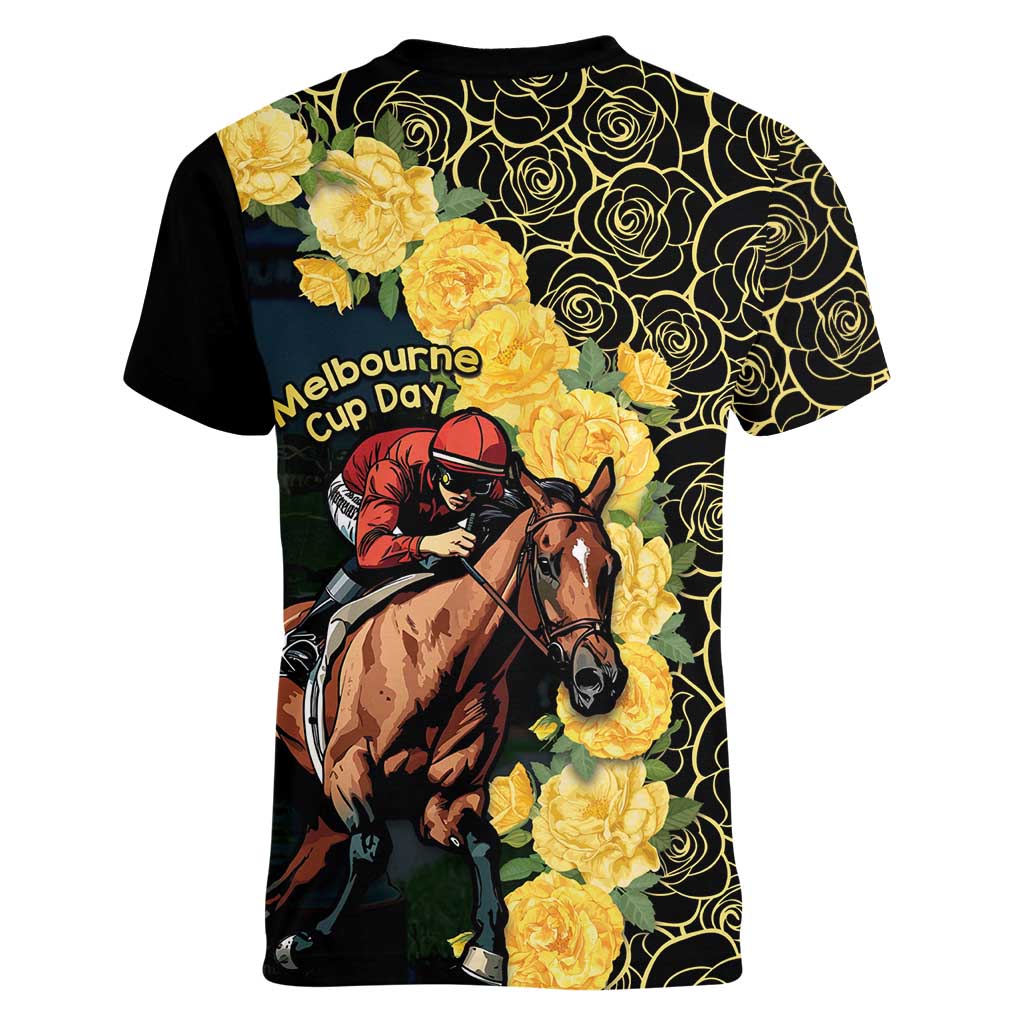 Melbourne Horse Racing Women V-Neck T-Shirt Yellow Roses - Ready Set Gallop! LT14