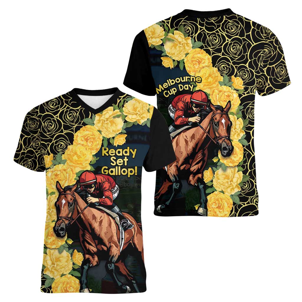 Melbourne Horse Racing Women V-Neck T-Shirt Yellow Roses - Ready Set Gallop! LT14