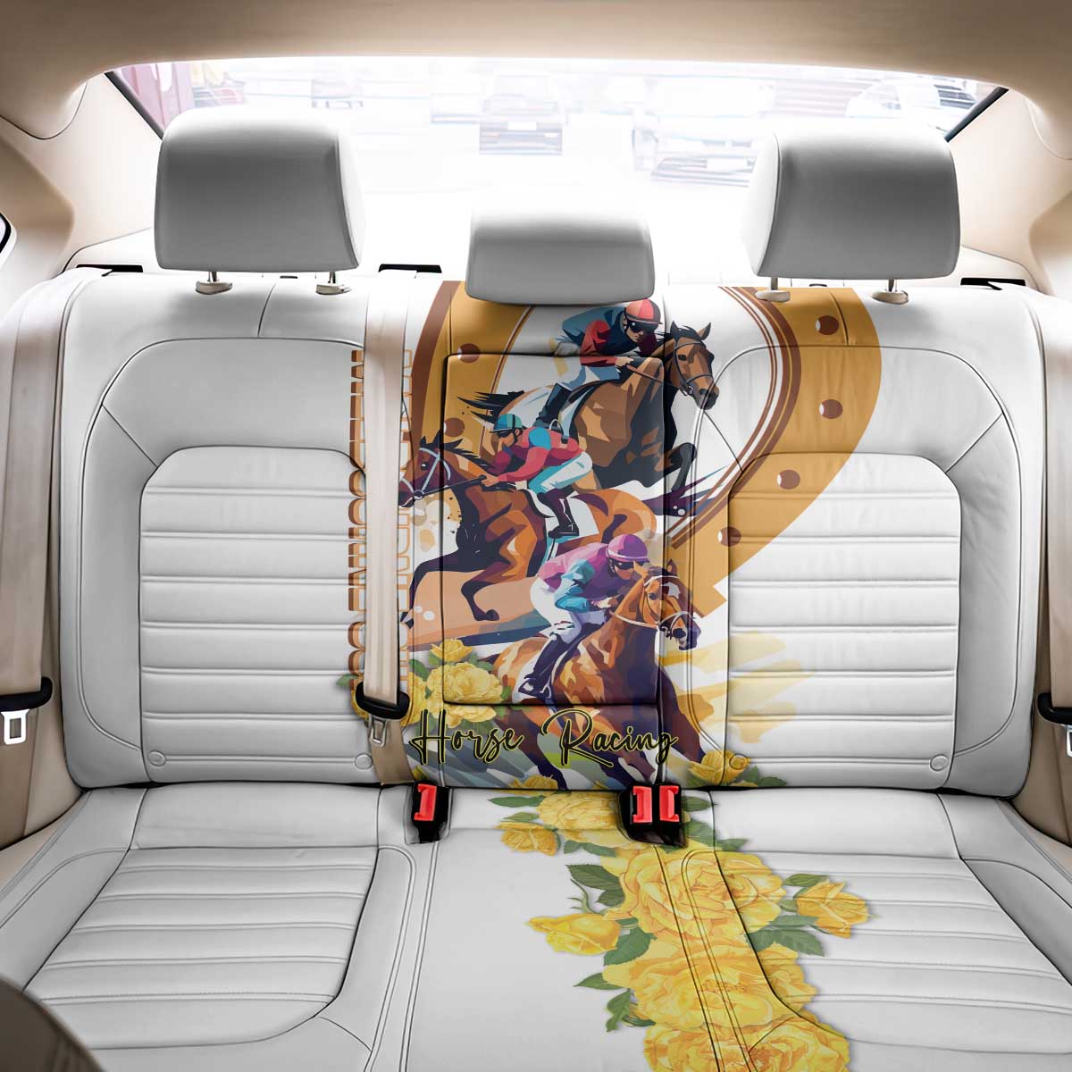 Melbourne Cup Australia Back Car Seat Cover Horse Racing Horseshoe Mix Yellow Roses LT14