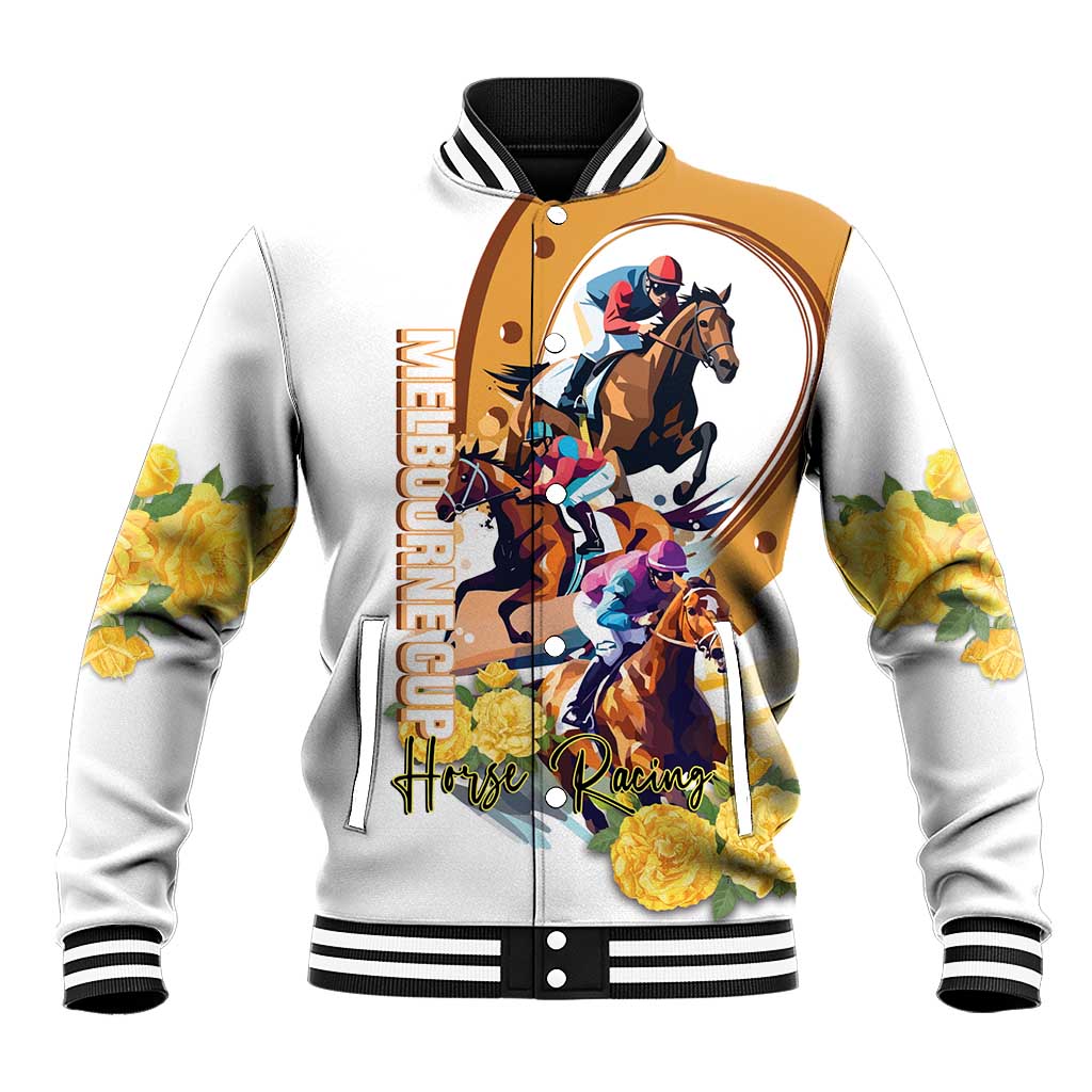 Melbourne Cup Australia Baseball Jacket Horse Racing Horseshoe Mix Yellow Roses LT14