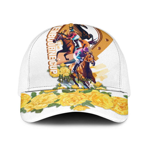 Melbourne Cup Australia Baseball Net Cap Horse Racing Horseshoe Mix Yellow Roses - Aussie Hoodie