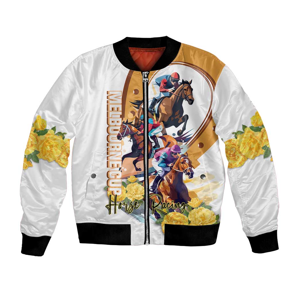 Melbourne Cup Australia Bomber Jacket Horse Racing Horseshoe Mix Yellow Roses LT14