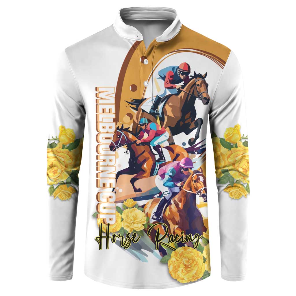 Melbourne Cup Australia Button Sweatshirt Horse Racing Horseshoe Mix Yellow Roses LT14