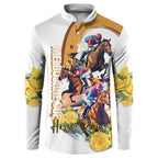 Melbourne Cup Australia Button Sweatshirt Horse Racing Horseshoe Mix Yellow Roses LT14