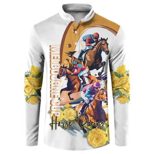 Melbourne Cup Australia Button Sweatshirt Horse Racing Horseshoe Mix Yellow Roses LT14