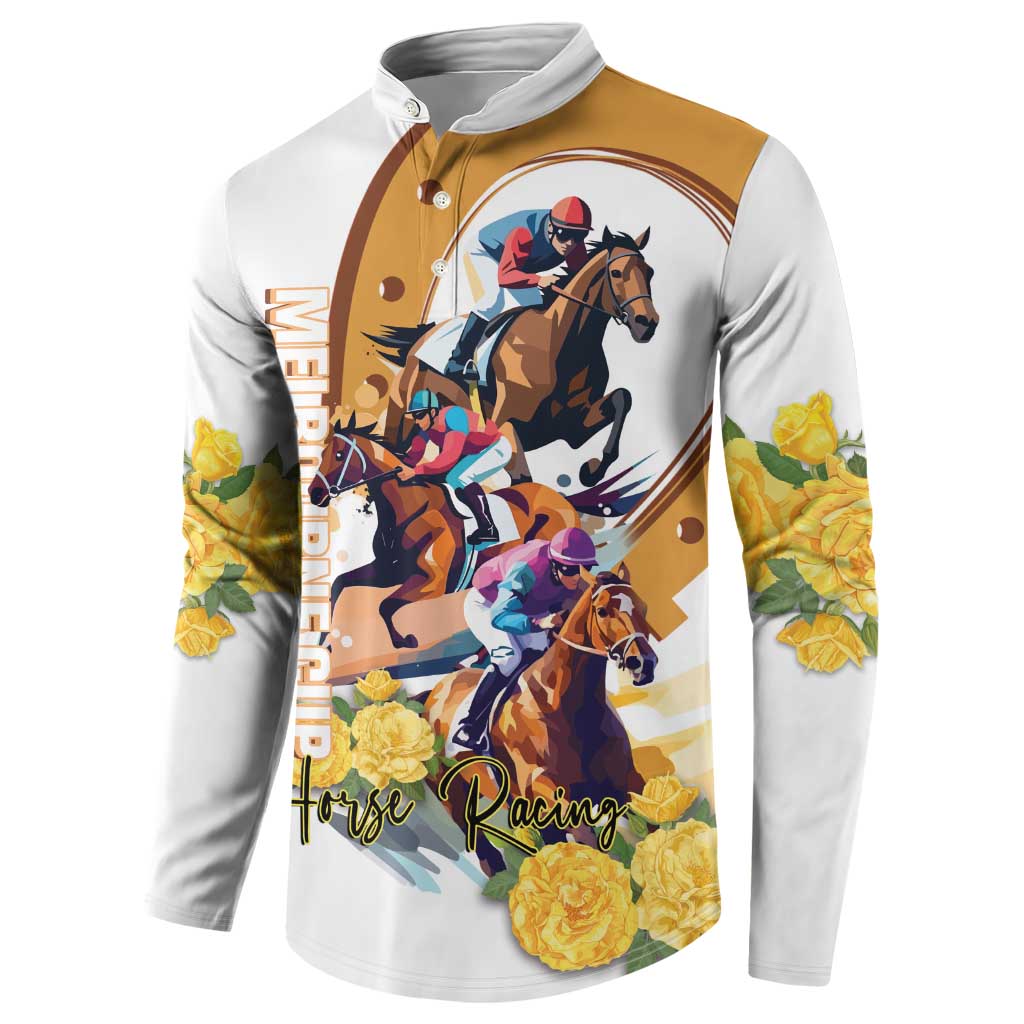 Melbourne Cup Australia Button Sweatshirt Horse Racing Horseshoe Mix Yellow Roses LT14