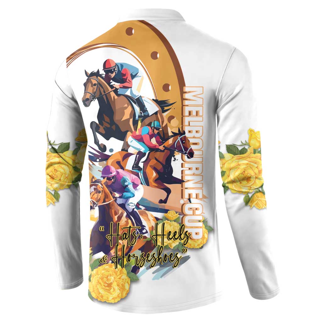 Melbourne Cup Australia Button Sweatshirt Horse Racing Horseshoe Mix Yellow Roses LT14