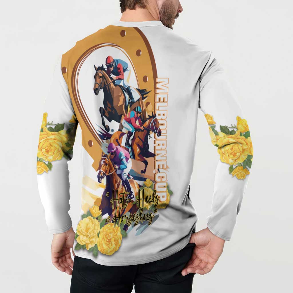 Melbourne Cup Australia Button Sweatshirt Horse Racing Horseshoe Mix Yellow Roses LT14