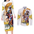 Melbourne Cup Australia Couples Matching Long Sleeve Bodycon Dress and Long Sleeve Button Shirt Horse Racing Horseshoe Mix Yellow Roses LT14