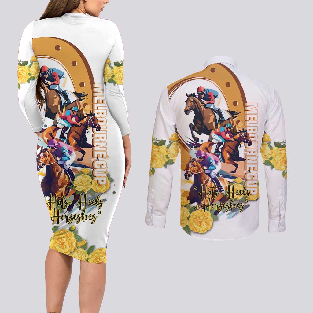 Melbourne Cup Australia Couples Matching Long Sleeve Bodycon Dress and Long Sleeve Button Shirt Horse Racing Horseshoe Mix Yellow Roses LT14