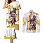 Melbourne Cup Australia Couples Matching Mermaid Dress and Long Sleeve Button Shirt Horse Racing Horseshoe Mix Yellow Roses LT14