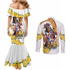 Melbourne Cup Australia Couples Matching Mermaid Dress and Long Sleeve Button Shirt Horse Racing Horseshoe Mix Yellow Roses LT14