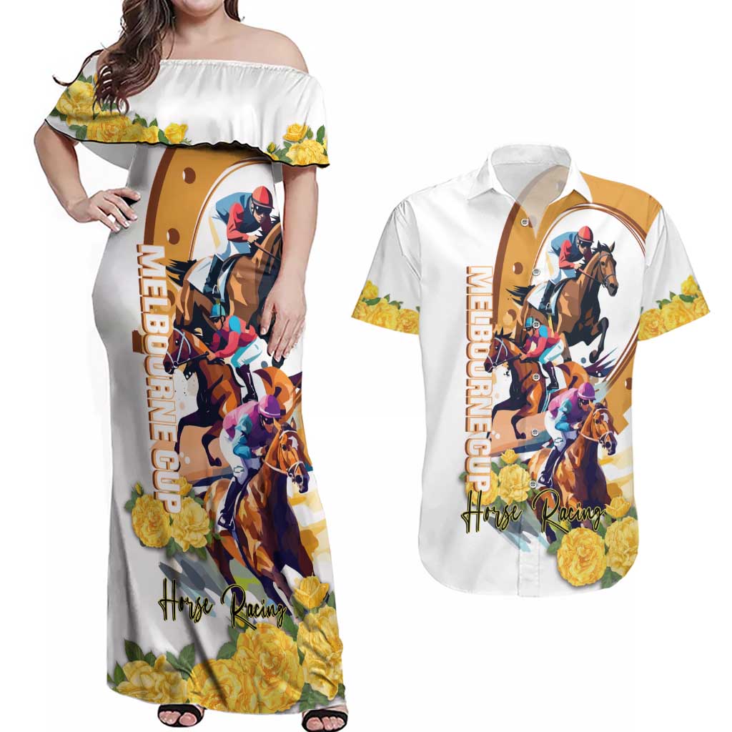Melbourne Cup Australia Couples Matching Off Shoulder Maxi Dress and Hawaiian Shirt Horse Racing Horseshoe Mix Yellow Roses LT14
