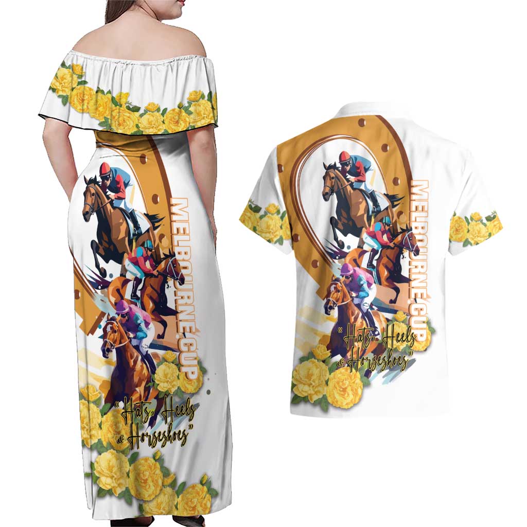 Melbourne Cup Australia Couples Matching Off Shoulder Maxi Dress and Hawaiian Shirt Horse Racing Horseshoe Mix Yellow Roses LT14