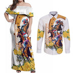 Melbourne Cup Australia Couples Matching Off Shoulder Maxi Dress and Long Sleeve Button Shirt Horse Racing Horseshoe Mix Yellow Roses LT14