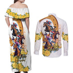Melbourne Cup Australia Couples Matching Off Shoulder Maxi Dress and Long Sleeve Button Shirt Horse Racing Horseshoe Mix Yellow Roses LT14