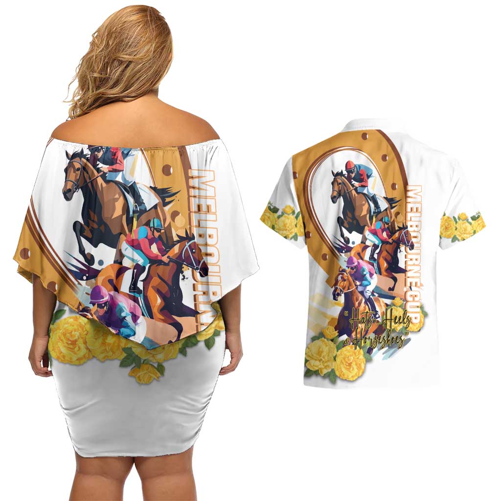 Melbourne Cup Australia Couples Matching Off Shoulder Short Dress and Hawaiian Shirt Horse Racing Horseshoe Mix Yellow Roses LT14
