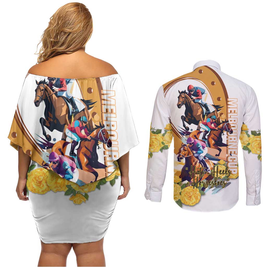 Melbourne Cup Australia Couples Matching Off Shoulder Short Dress and Long Sleeve Button Shirt Horse Racing Horseshoe Mix Yellow Roses LT14