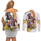 Melbourne Cup Australia Couples Matching Off Shoulder Short Dress and Long Sleeve Button Shirt Horse Racing Horseshoe Mix Yellow Roses LT14