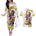 Melbourne Cup Australia Couples Matching Off The Shoulder Long Sleeve Dress and Hawaiian Shirt Horse Racing Horseshoe Mix Yellow Roses LT14