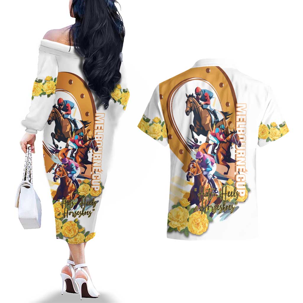 Melbourne Cup Australia Couples Matching Off The Shoulder Long Sleeve Dress and Hawaiian Shirt Horse Racing Horseshoe Mix Yellow Roses LT14