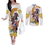 Melbourne Cup Australia Couples Matching Off The Shoulder Long Sleeve Dress and Long Sleeve Button Shirt Horse Racing Horseshoe Mix Yellow Roses LT14
