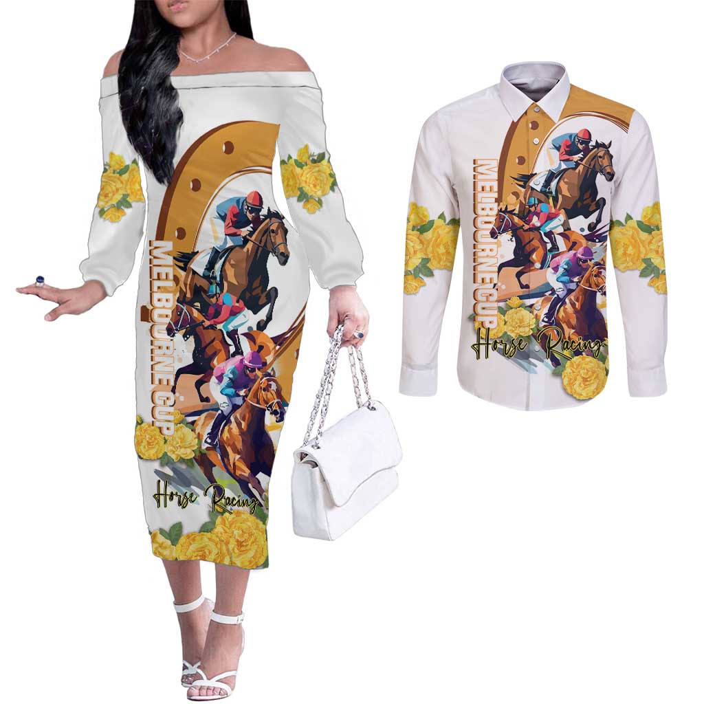 Melbourne Cup Australia Couples Matching Off The Shoulder Long Sleeve Dress and Long Sleeve Button Shirt Horse Racing Horseshoe Mix Yellow Roses LT14