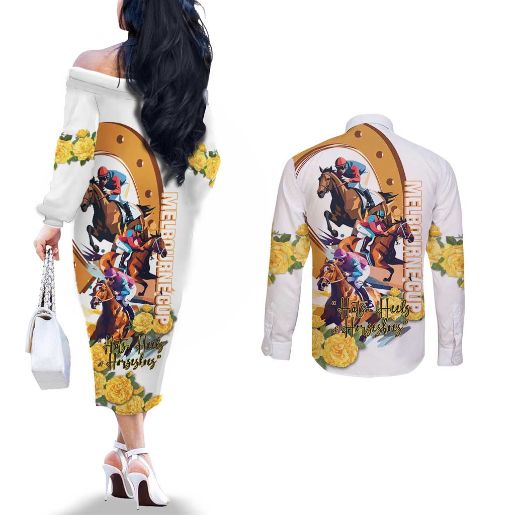 Melbourne Cup Australia Couples Matching Off The Shoulder Long Sleeve Dress and Long Sleeve Button Shirt Horse Racing Horseshoe Mix Yellow Roses LT14