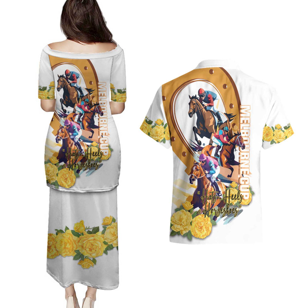 Melbourne Cup Australia Couples Matching Puletasi and Hawaiian Shirt Horse Racing Horseshoe Mix Yellow Roses LT14