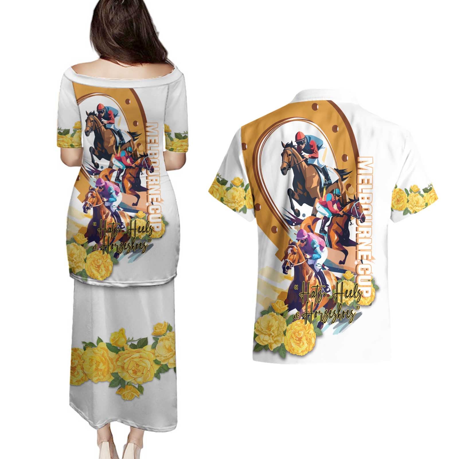 Melbourne Cup Australia Couples Matching Puletasi and Hawaiian Shirt Horse Racing Horseshoe Mix Yellow Roses LT14