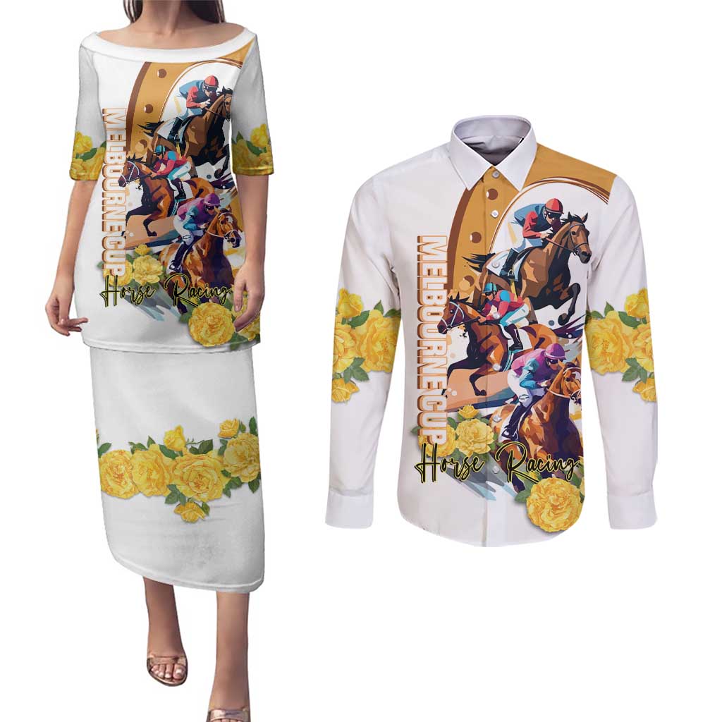 Melbourne Cup Australia Couples Matching Puletasi and Long Sleeve Button Shirt Horse Racing Horseshoe Mix Yellow Roses LT14