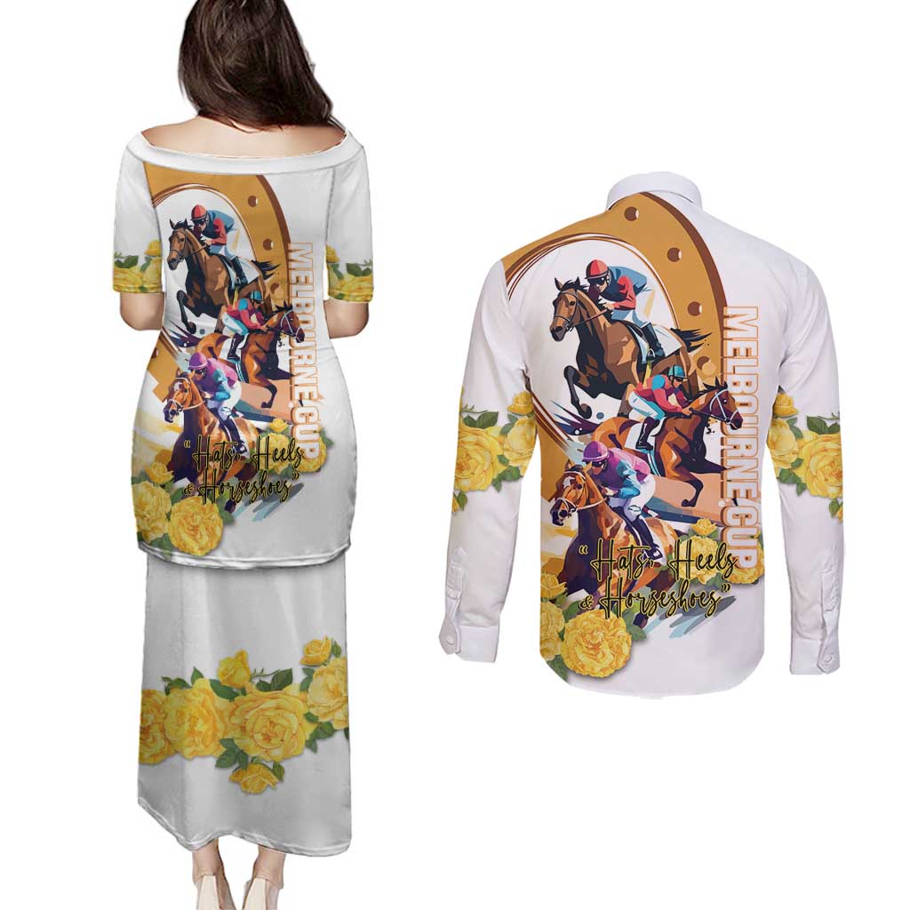 Melbourne Cup Australia Couples Matching Puletasi and Long Sleeve Button Shirt Horse Racing Horseshoe Mix Yellow Roses LT14