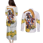 Melbourne Cup Australia Couples Matching Puletasi and Long Sleeve Button Shirt Horse Racing Horseshoe Mix Yellow Roses LT14