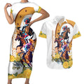 Melbourne Cup Australia Couples Matching Short Sleeve Bodycon Dress and Hawaiian Shirt Horse Racing Horseshoe Mix Yellow Roses LT14