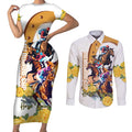 Melbourne Cup Australia Couples Matching Short Sleeve Bodycon Dress and Long Sleeve Button Shirt Horse Racing Horseshoe Mix Yellow Roses LT14