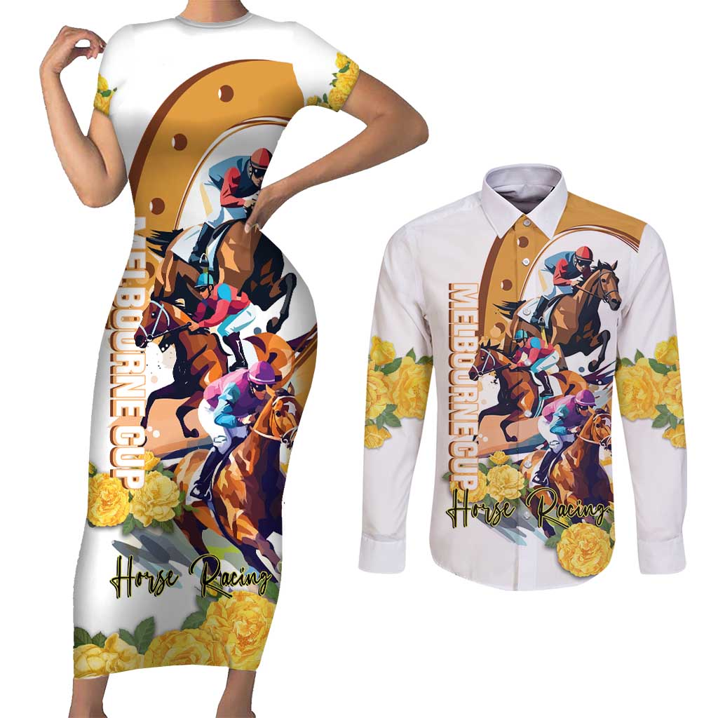 Melbourne Cup Australia Couples Matching Short Sleeve Bodycon Dress and Long Sleeve Button Shirt Horse Racing Horseshoe Mix Yellow Roses LT14