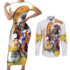 Melbourne Cup Australia Couples Matching Short Sleeve Bodycon Dress and Long Sleeve Button Shirt Horse Racing Horseshoe Mix Yellow Roses LT14