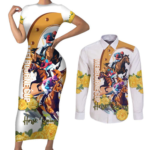 Melbourne Cup Australia Couples Matching Short Sleeve Bodycon Dress and Long Sleeve Button Shirt Horse Racing Horseshoe Mix Yellow Roses LT14