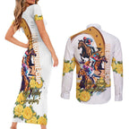Melbourne Cup Australia Couples Matching Short Sleeve Bodycon Dress and Long Sleeve Button Shirt Horse Racing Horseshoe Mix Yellow Roses LT14