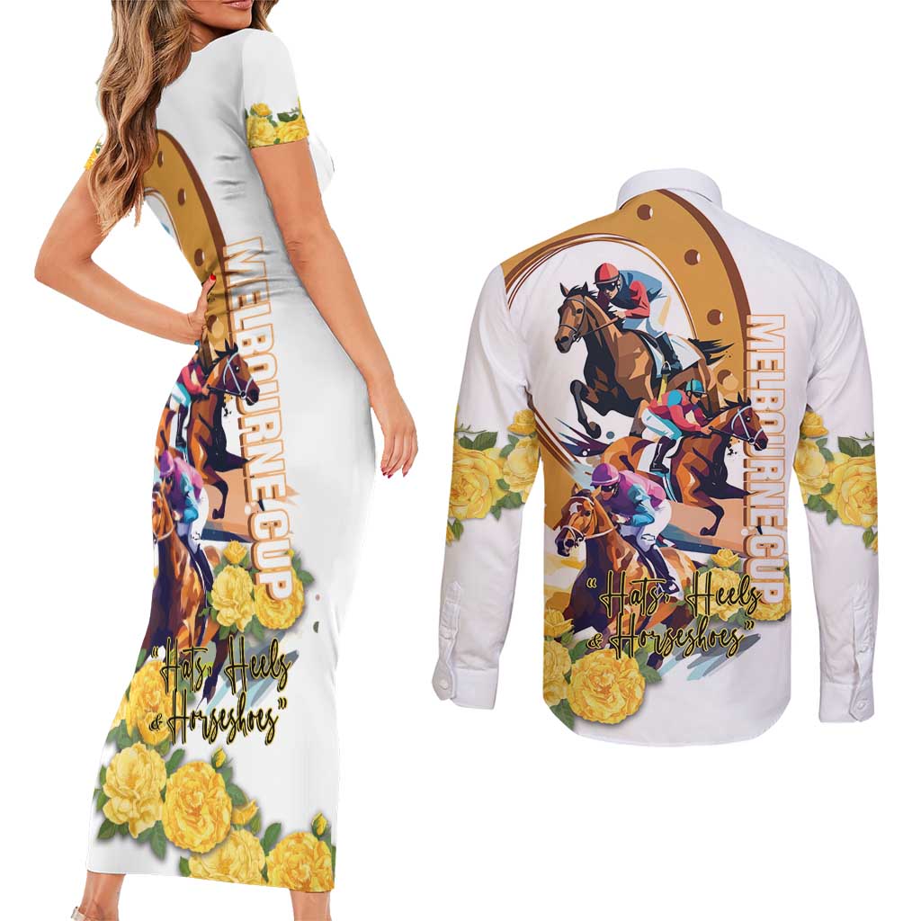 Melbourne Cup Australia Couples Matching Short Sleeve Bodycon Dress and Long Sleeve Button Shirt Horse Racing Horseshoe Mix Yellow Roses LT14