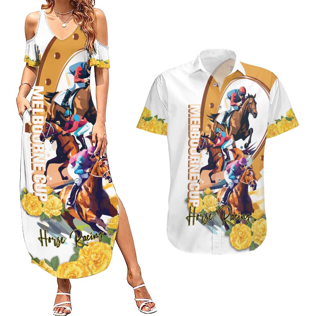 Melbourne Cup Australia Couples Matching Summer Maxi Dress and Hawaiian Shirt Horse Racing Horseshoe Mix Yellow Roses LT14