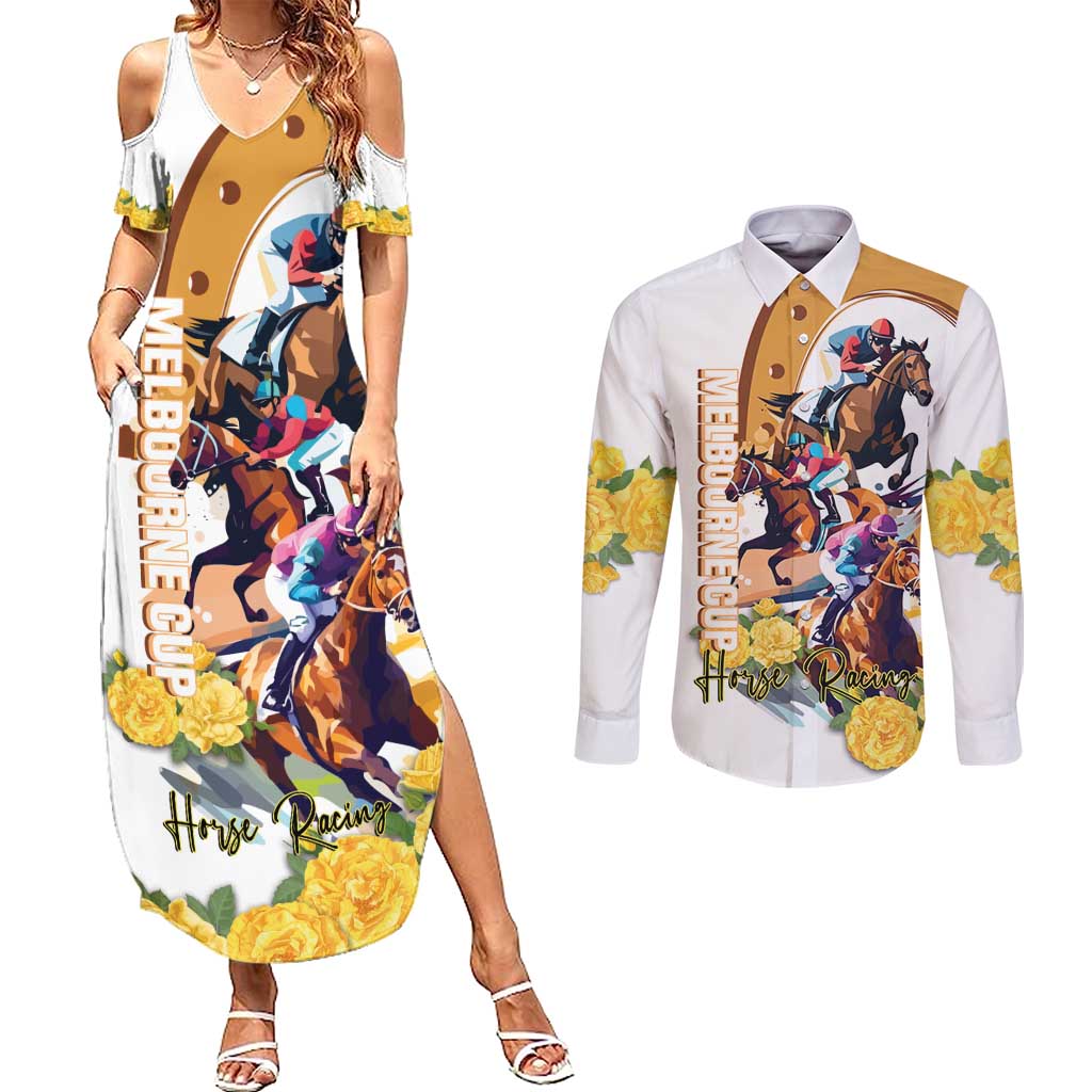 Melbourne Cup Australia Couples Matching Summer Maxi Dress and Long Sleeve Button Shirt Horse Racing Horseshoe Mix Yellow Roses LT14